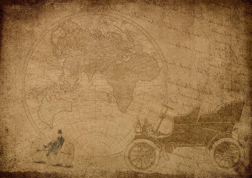 Auto, Weltkarte, Schriftart, Steampunk, Zeichnung, Reise, Urlaube, Fahrt, alte Autos, Antiquität, Zeitreise
