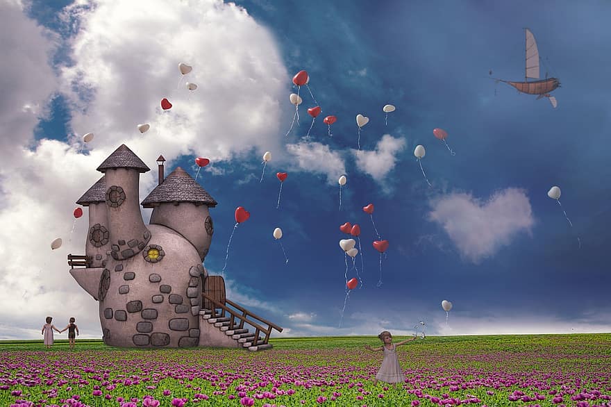 Fantasy, Child, Sky, Hearts, Balloons, Children, House
