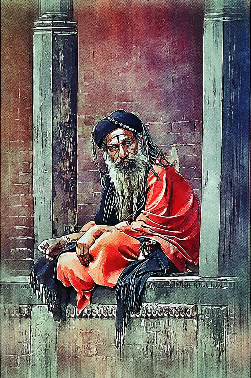 Непал, мъж, мъжки, стар, човек, Храм Пашупатинатх, портрет, цифрова манипулация
