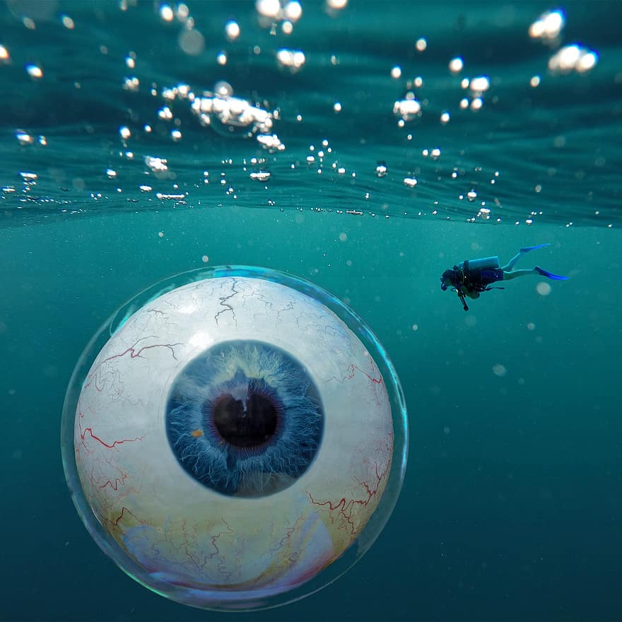 aigua, ull, globus ocular, sota l'aigua, bombolla, busseig, nedar, criatura marina, fantasia, piscina, oceà