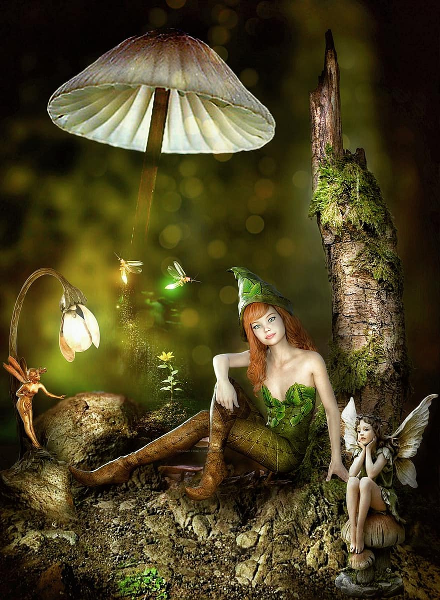 menina, duende, fada, asas, cogumelo, conto de fadas, sentado, árvore, fantasia, místico, flor