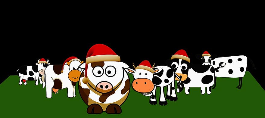 Karácsony, tehenek, karikatúra, tréfa, irónia, ünnepek, üdvözlet, húsvéti nyuszi, félrevezetés, vicces, rokonszenvező