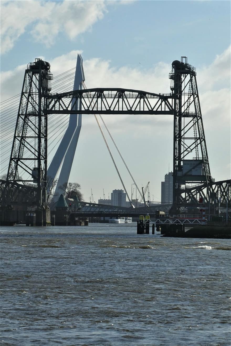 lift bridge, Ρότερνταμ, ποτάμι, γραμμή ορίζοντα, βιομηχανία, γερανός, μηχανήματα κατασκευής, Αποστολή, Μεταφορά, εμπορική αποβάθρα, νερό