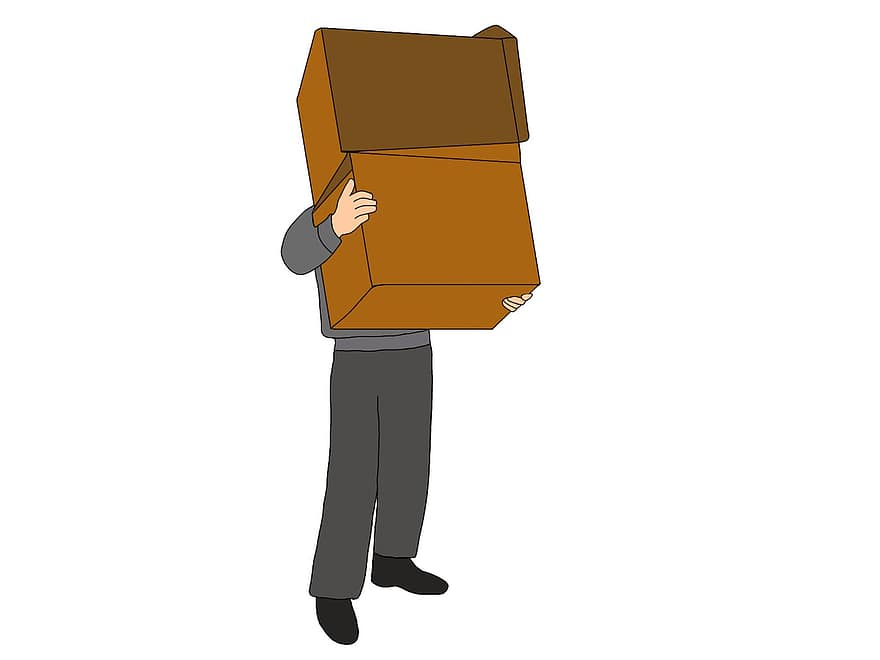 doos, dragen, man, werk, pakket, levering, spotprent, mannen, illustratie, vector, houder