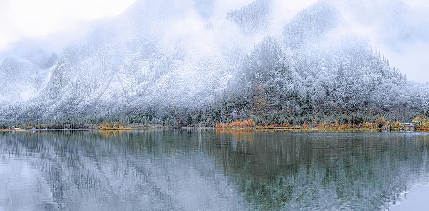 中国、山、湖、初冬、自然、四川、冬