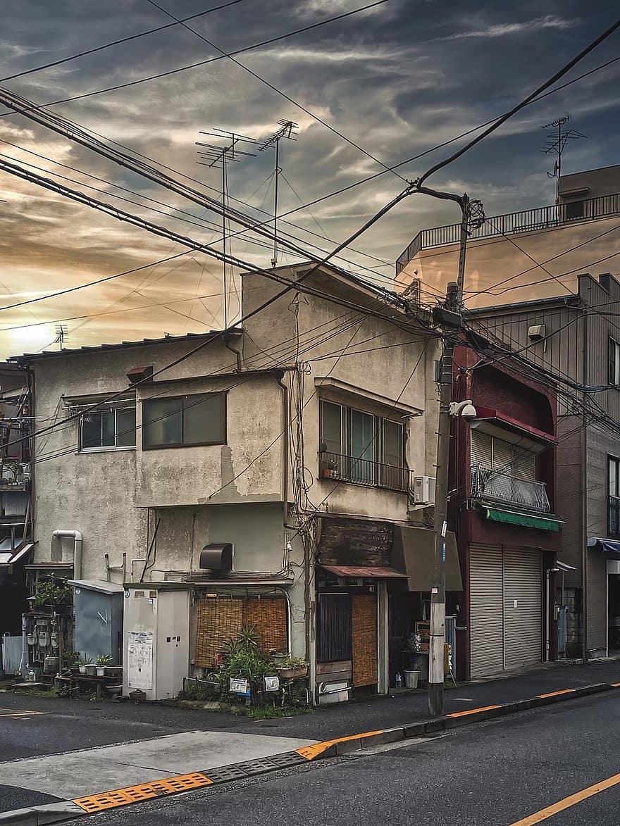 hus, gata, grannskap, tokyo, japan, bakgata, bostads-, gamla byggnader, arkitektur, väg, urban