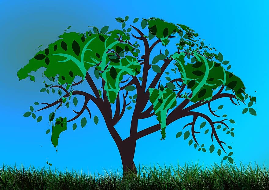 boom, aarde, wereld-, continenten, milieu, eco, ecologie, globaal, verantwoordelijkheid, natuur, bescherming