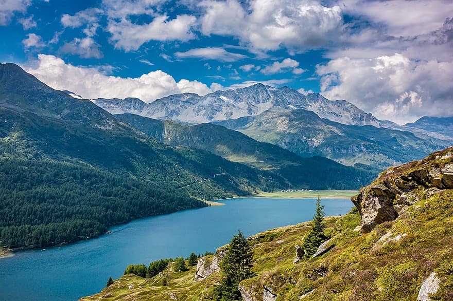 езеро, Енгадин, Граубюнден, природа, Швейцария, планини, алпийски, пейзаж, небе, облаци, изглед