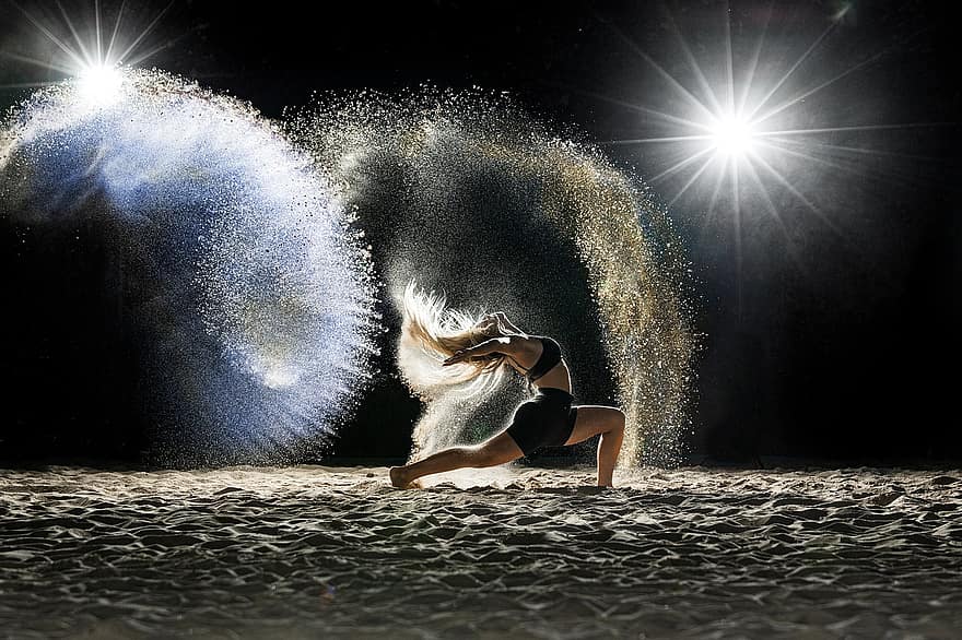 танцор, танцы, песок, пляж, танец, Толковательный, движение, цвет, танцовщица, женский пол, женщина