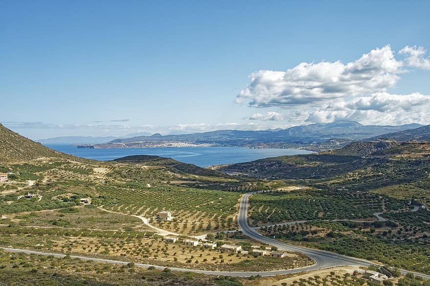 समुद्र, पहाड़ों, पहाड़ी, यूनान, क्रेते, Agios Nikolaos . का क्षेत्र, आभ्यंतरिक, पानी, पेड़, यात्रा करने के लिए, पर्यटन