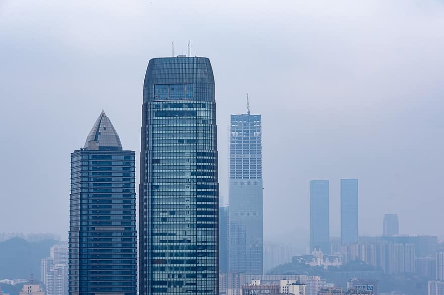 rascacielos, ciudad, día nublado, calina, horizonte, edificio, Guiyang, paisaje urbano, arquitectura, exterior del edificio, estructura construida