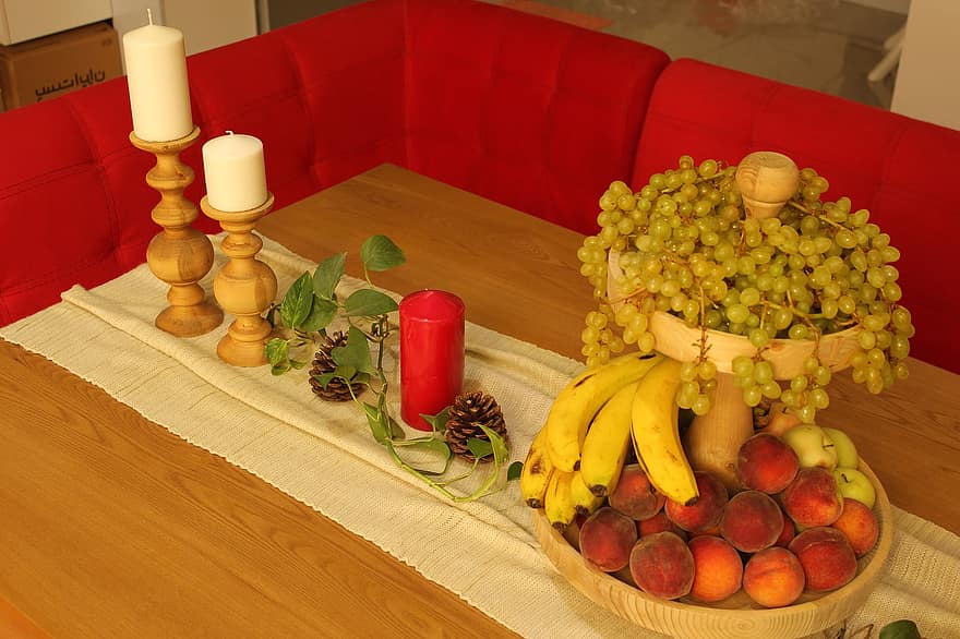 fruit, kaarsen, tafel, tafel loper, voedsel, dienblad, Tweelaagse standaard, kandelaar, eettafel, decoratie, meubilair