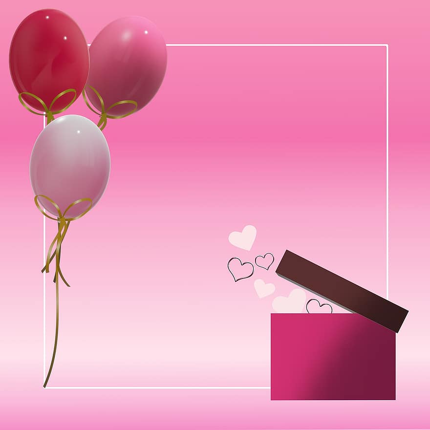 バックグラウンド、ピンク、お誕生日、お祝いの、パーティー、贈り物、ギフト用の箱、バルーン、風船、枠