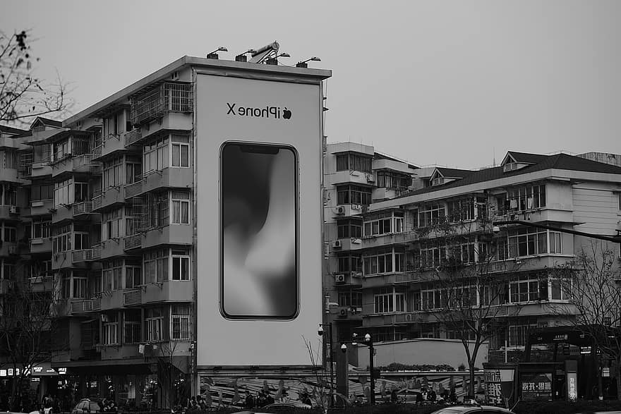 κτίρια, διαφήμιση, διαφημιστική πινακίδα, iphone, προϊόν μήλου, διαμερίσματα, συγκρότημα διαμερισμάτων, αρχιτεκτονική, φωτογραφία στο δρόμο, μαύρο και άσπρο, μονόχρωμος