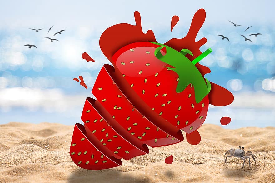 φράουλα, καλοκαίρι, άμμος, υπόβαθρα, απεικόνιση, καρπός, διακοπές, πέταγμα, φαγητό, Κάβουρας, διάνυσμα
