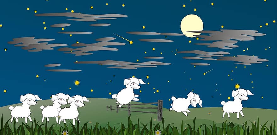 Schafe zählen, schlafen, müde, in der Nacht, hellwach, Wiegenlied, ermüden, Kinder, Weide, Lamm, Herde