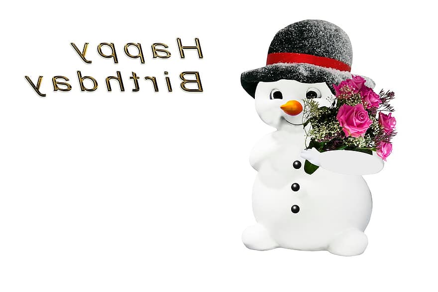 cartão de aniversário, inverno, boneco de neve, cartão, flores, rosas