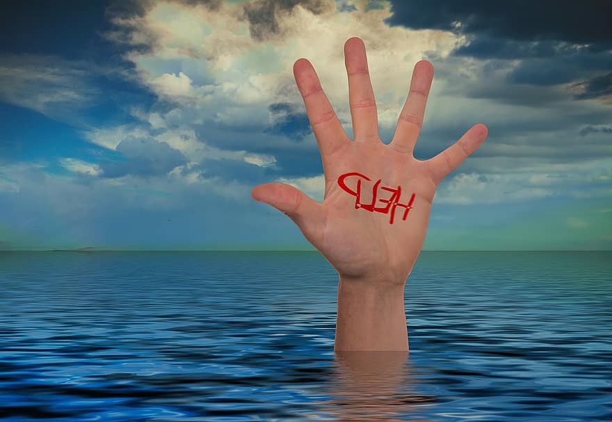 hånd, hav, vand, bølge, skyer, Hjælp, Gemme, drukning, indstilling, finger, blå
