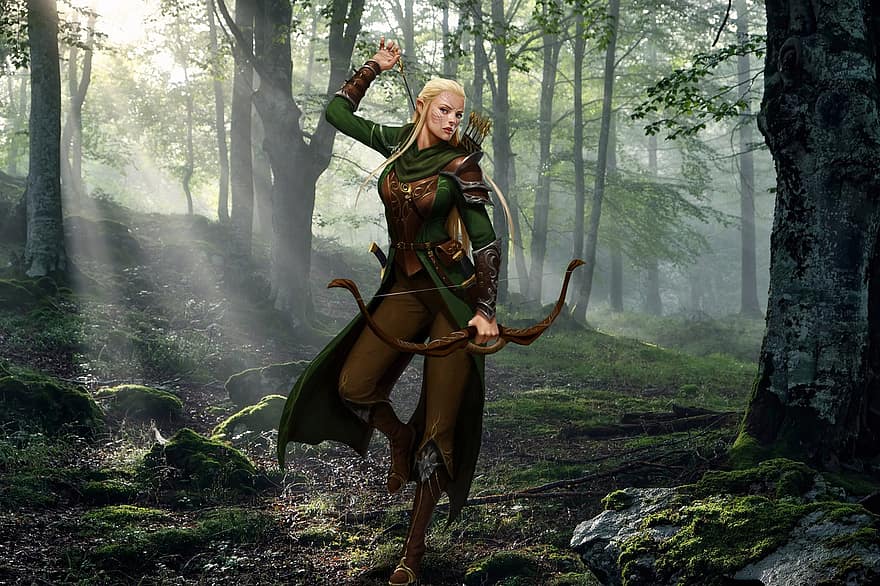 Background, Forest, Archer, Fantasy, Female, Character, Digital Art