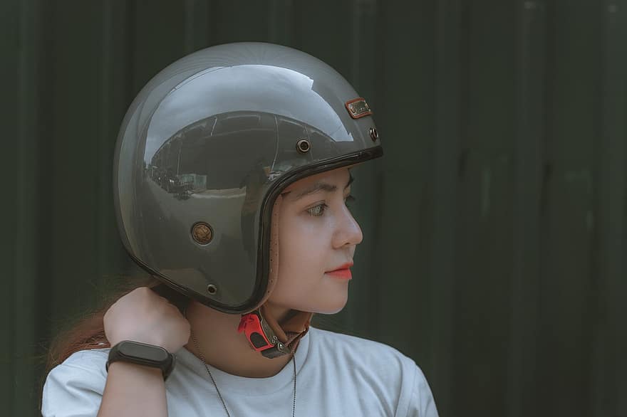 capacete, motociclista, mulher, retrato, perfil, menina, modelo