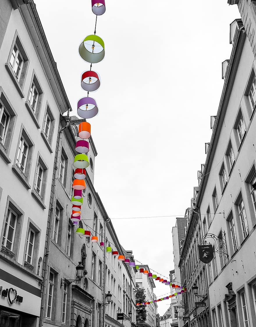 luxemburgo, callejón, lámpara, guirnalda, decoración