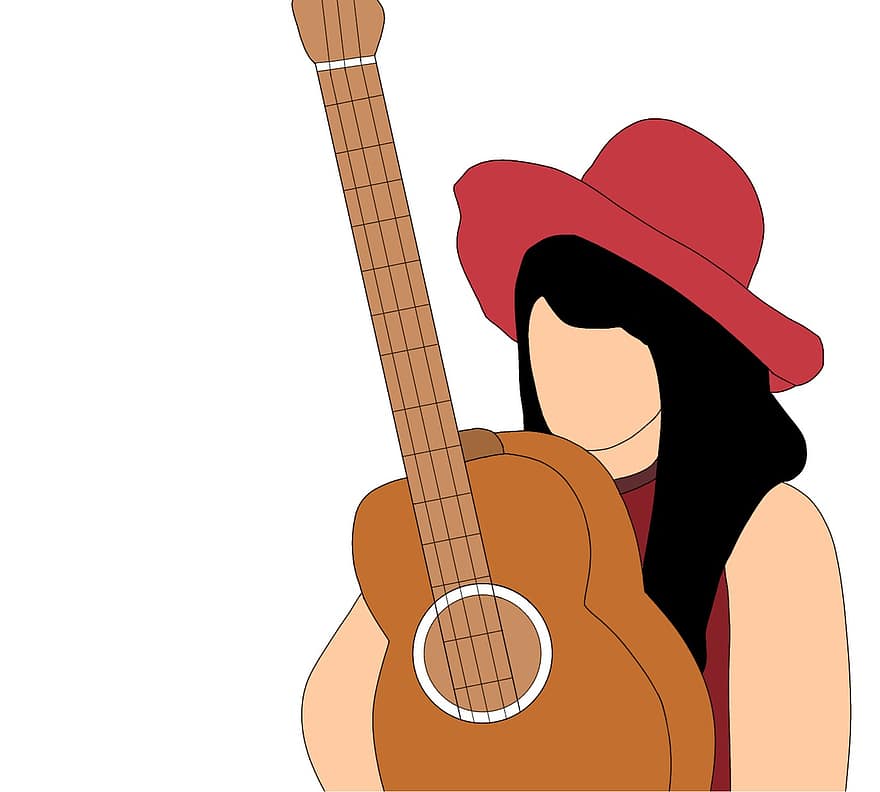 Karikatur, Frau, skizzieren, abspielen, Bild, Gitarre, Musik-, Musiker, Musikinstrument, Gitarrist, akustische Gitarre