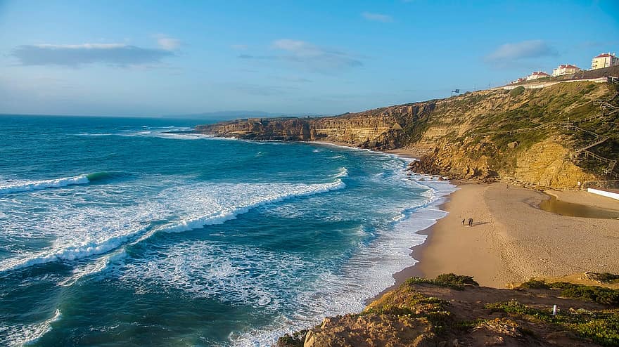 oceano, mar, de praia, ondas, agua, areia, costa, Portugal, ericeira, surfar