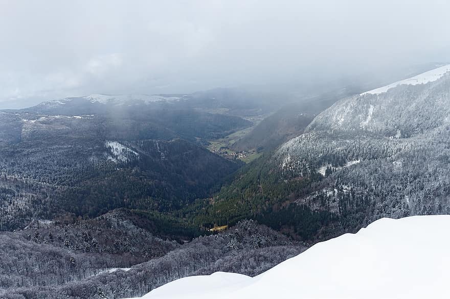 hegyek, hó, reggel köd, tájkép, Vosges, ködös
