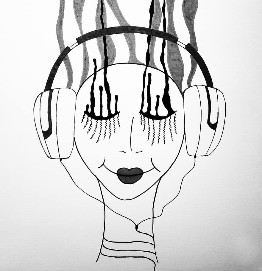 muziek-, headsets, schetsen, kunst, figuur, meisje, illustratie, wimpers, tranen, vrouw, audio