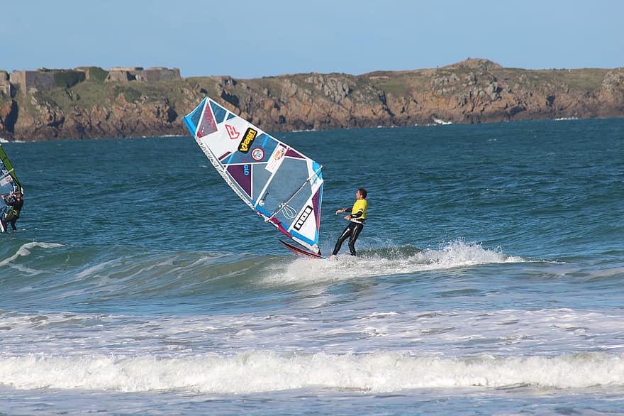 Windsurfen, Meer, Saint-Malo, Sport, Strand, Ufer, Windsurfer, Wassersport, Ozean, Wellen