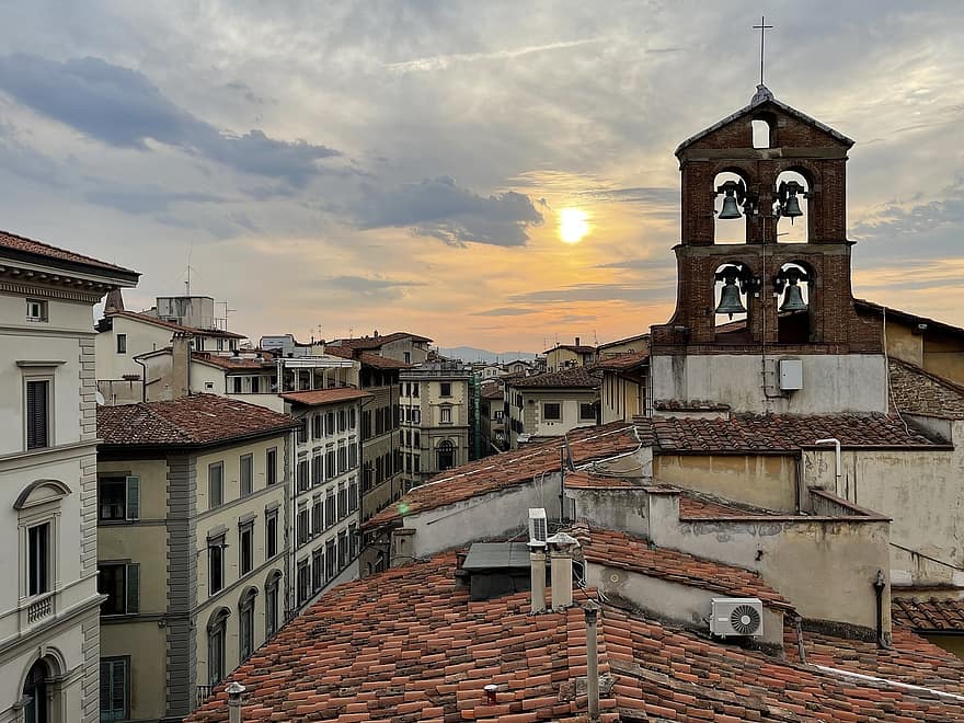 byggnad, taket, solnedgång, himmel, stad, cityscapes, resa, turism, kyrkklockor, arkitektur, Italien