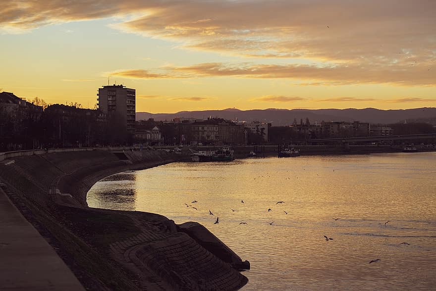 Rio Danúbio, por do sol, cidade, rio, urbano, crepúsculo, paisagem urbana, panorama, novi triste