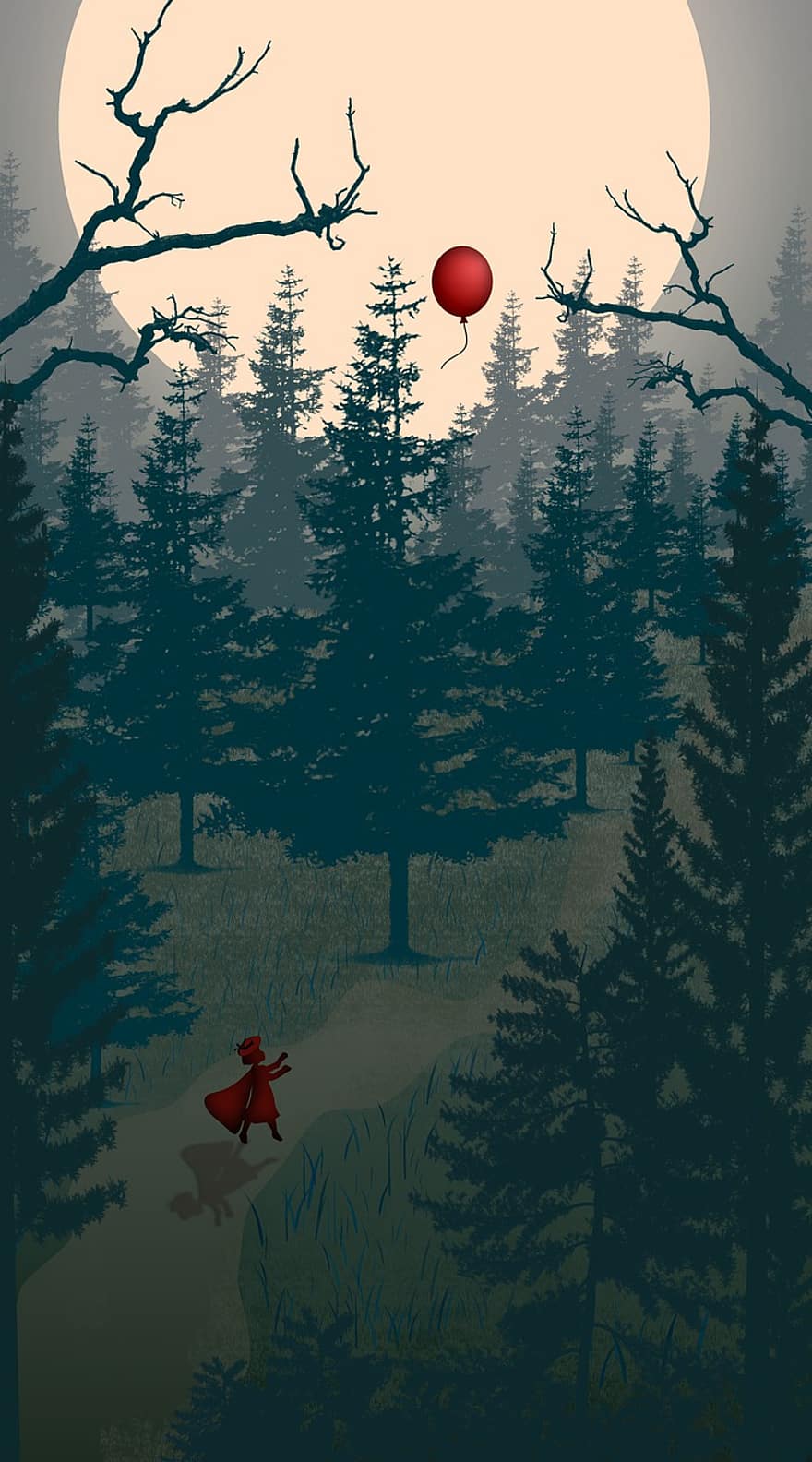 červená Karkulka, temný les, fantazie, měsíc, stromy, červený balónek, Příroda, ztracený, sama, noc, kreslená pohádka