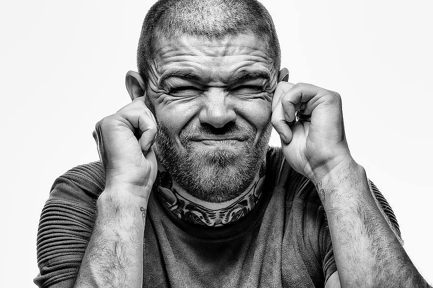 Man, Hear No Evil, Pained Expression, Expression, men, one person, males, black and white, adult, portrait, beard