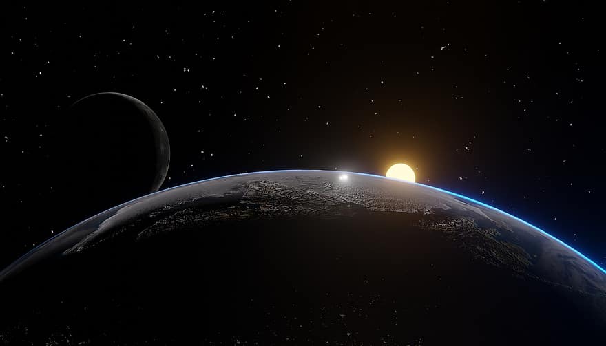 地球、月、スペース、惑星、太陽系、月面、太陽、夜、青、星、天文学