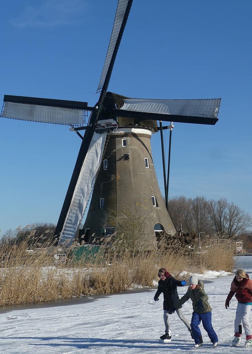 Wind Turbine, Winter, Season, Nature, windmill, child, cultures, rural scene, fun, ice-skating, farm