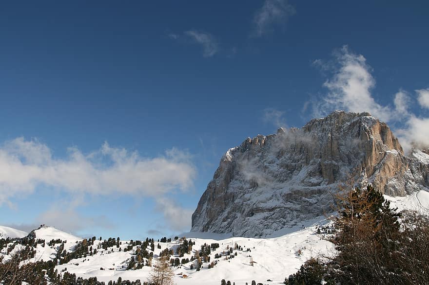 горы, снег, зима, заснеженные горы, Альпы, Sassolungo, доломиты, Val Gardena, пейзаж, Горнолыжные склоны, альпинизм