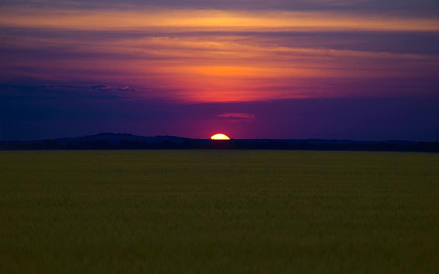 Sunset, Field, Sky, Sun, Clouds, Wheat, Dusk, Landscape, Horizon, Twilight