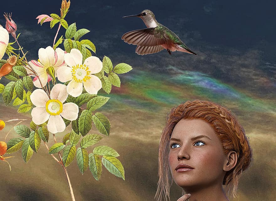 flors, dona, colibrí, fantasia, collage