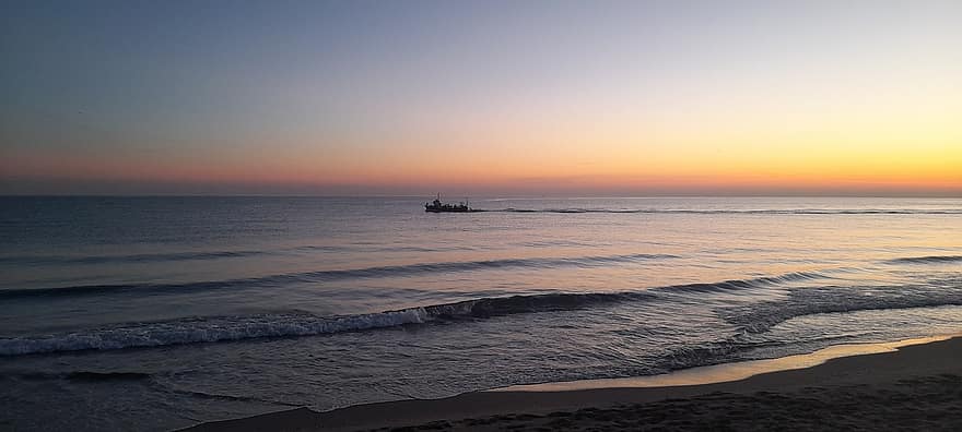 bote, amanecer, mar, playa, barco de pesca, olas, horizonte, apuntalar, costa, naturaleza, puesta de sol
