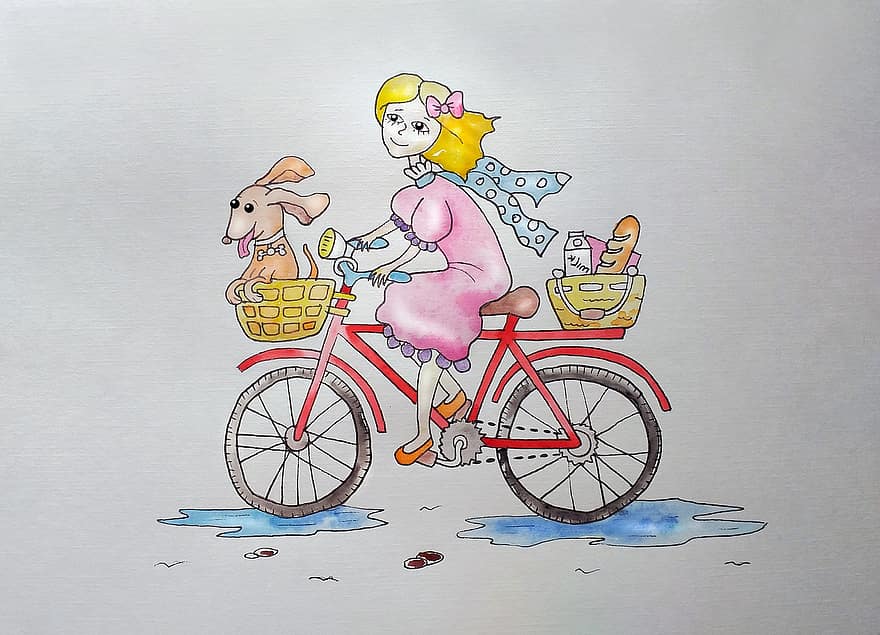 pasivažinėjimas dviračiu, Dviračių mergina, mergina, dviračiu, šuo, skate, pirkti, gražiai, Vaikų iliustracija, vaikams, menininkas