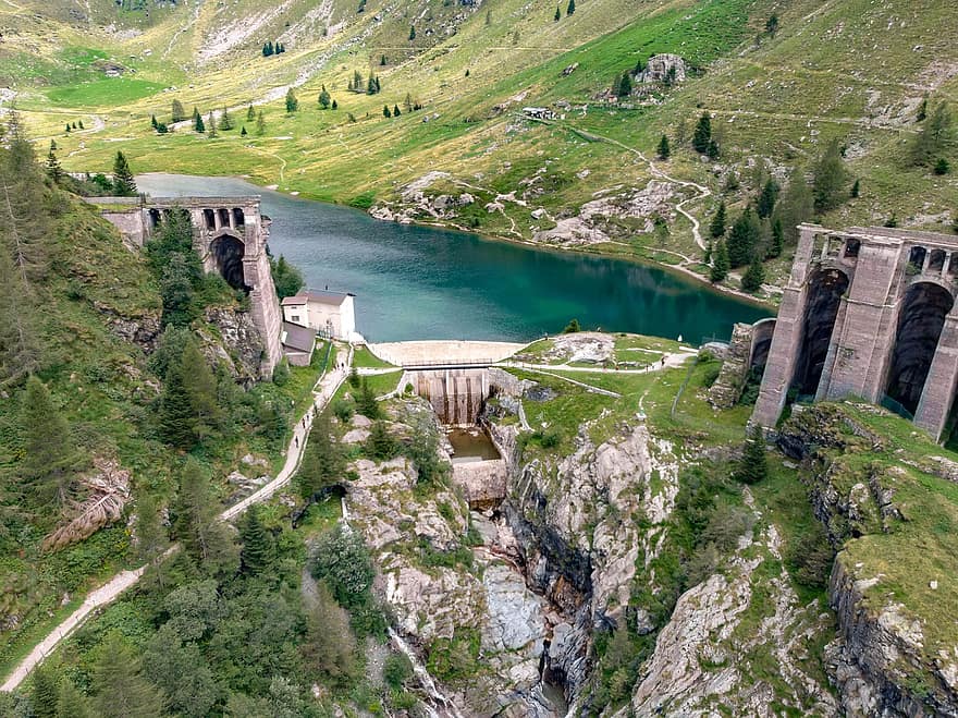 dæmning, flod, vandkraft, bjerge, gleno-dæmning, Gleno torrent, Valley of Scalve, provinsen bergamo, bergamo, Lombardiet, Italien