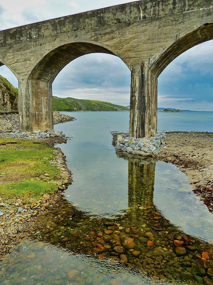 отражение, мост, акведук, арка, берег, природа