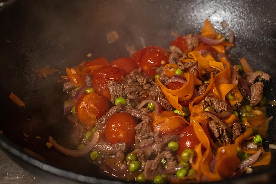 wok, Comida, legumes, carne, Cozinha Ásia, comida saudável, tomates, cozinhando, vegetal, refeição, tomate