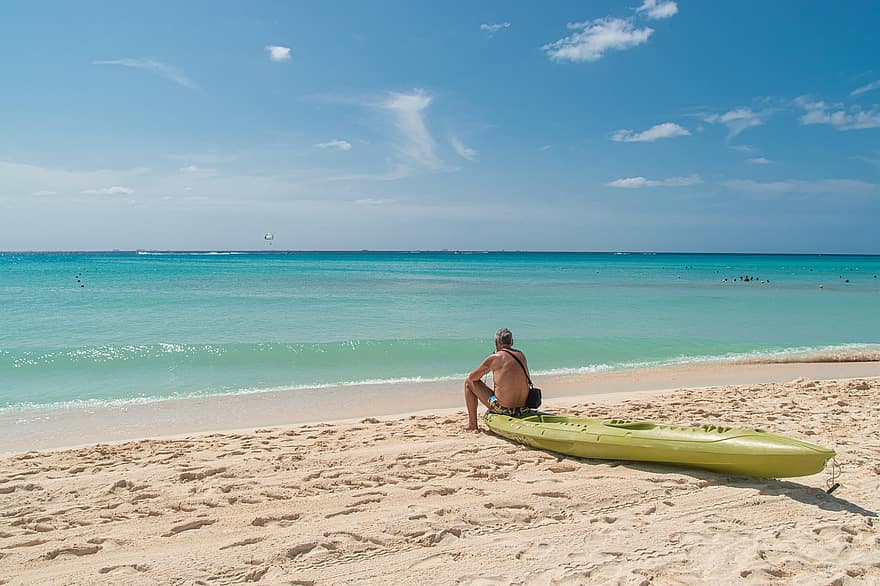 uomo, spiaggia, mare, barca, kayak, caraibico, costa, oceano, acqua, sabbia, riva del mare