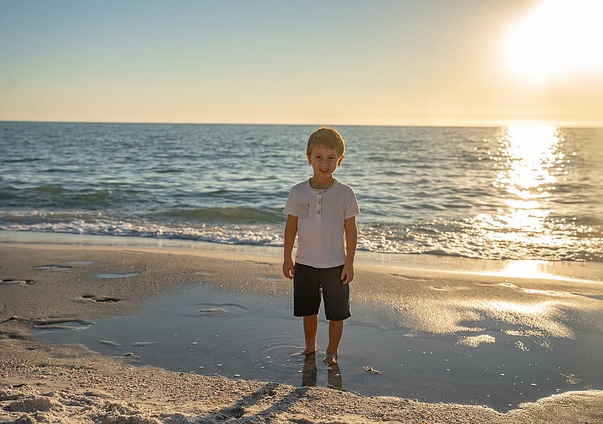 Boy, Beach, Sunset, Child, Portrait, Kid, Happy, Shore, Sea, Vacation, summer