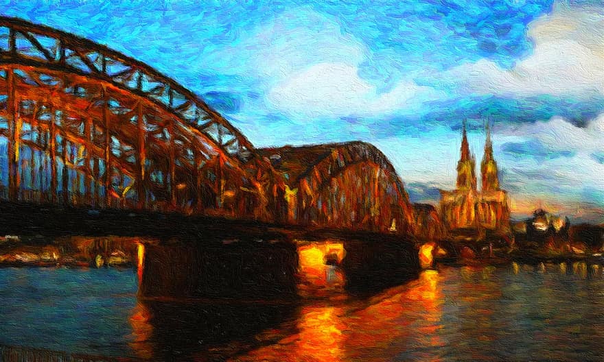 Hohenzollern tiltas, santrauka, tiltas, Kelnas, architektūra, šviečia, grafinis, spalvinga, šviesos, perspektyvos, miestas