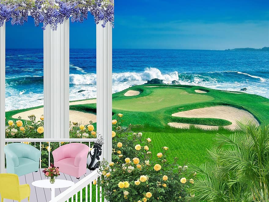 balkón, křesla, květiny, veranda, pobřeží, oceán, vln, golf, golfové hřiště, wisteria, růže