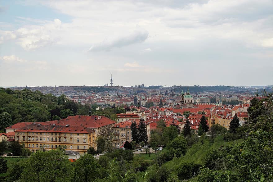 edificios viejos, panorama, praga, Republica checa, ver, historia, arquitectura, ciudad, paisaje urbano, techo, lugar famoso