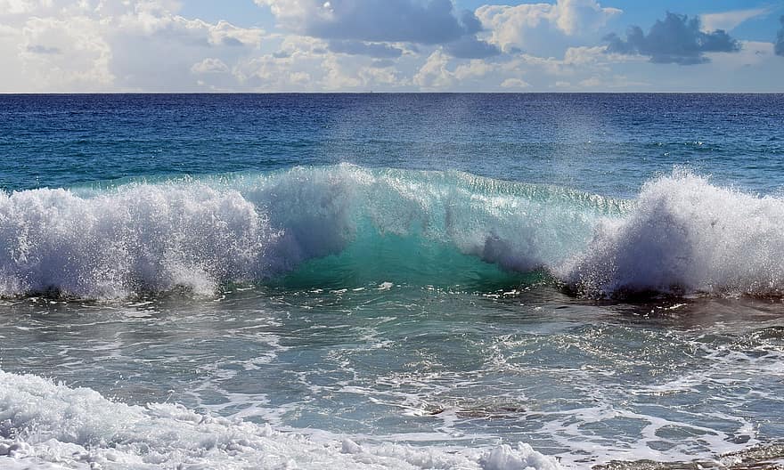 bangos, vandenynas, smashing, pobūdį, vanduo, naršyti, dangus, debesys, horizonto, vėjas, energijos